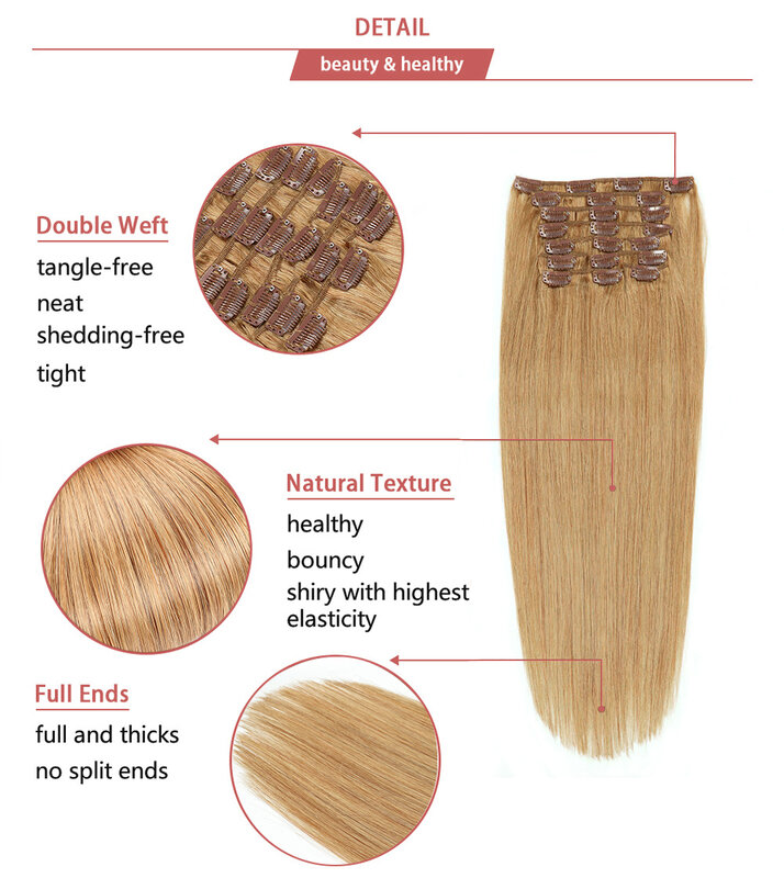 Светлые заколки для наращивания волос 100% Реми волосы прямые накладные человеческие волосы для женщин заколка для волос 24 дюйма 10 шт. #27