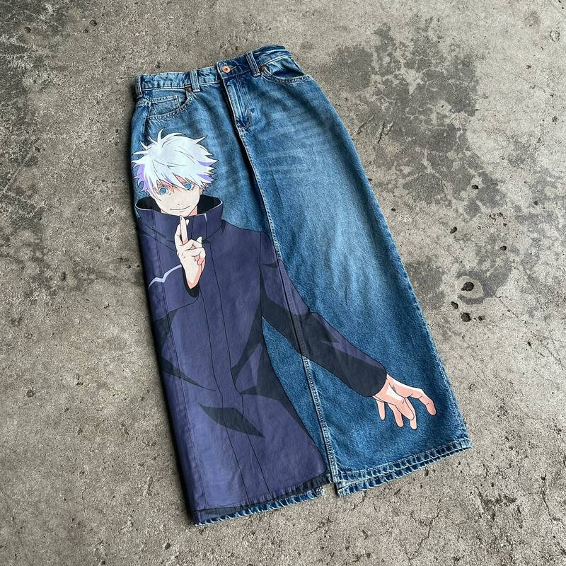 Harajuku jeans kaki lebar grafik Anime Jepang Jeans pakaian jalanan Y2K Jeans Pria Wanita 2024 celana panjang lebar pinggang tinggi baru