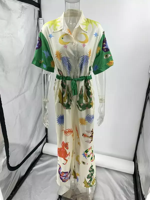 Macacão de algodão estampado feminino, calça casual de cintura alta, estilo de rua, 2024