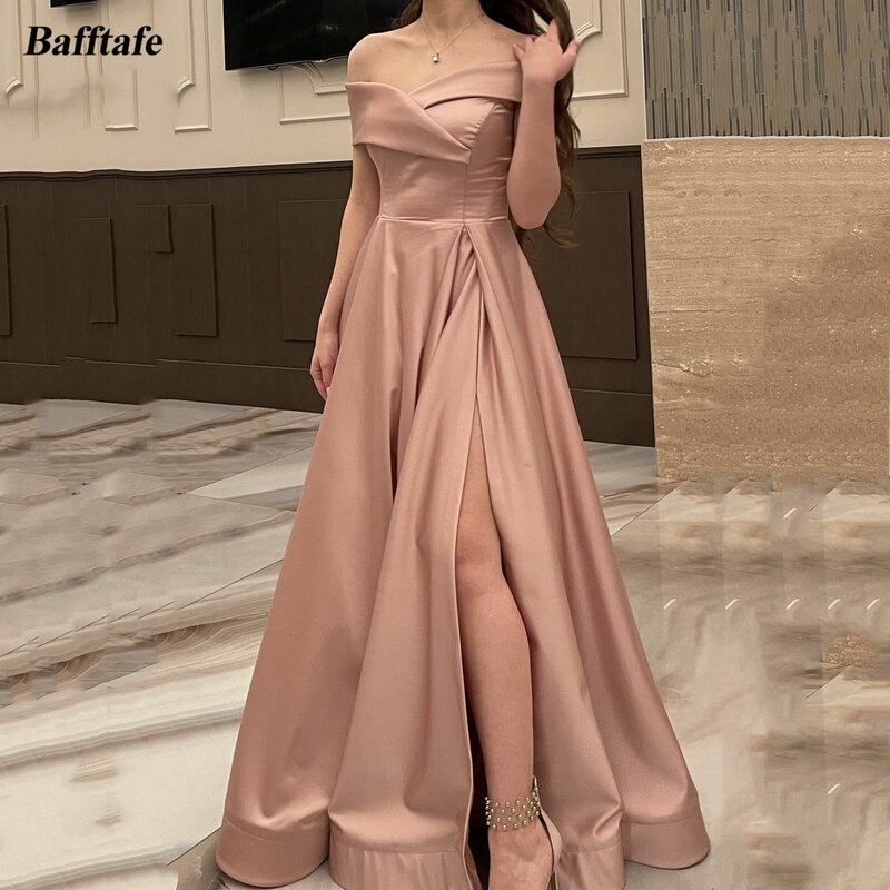 Bafftafe-cetim vestido de baile feminino, vestido de dama de honra, fenda lateral, com mangas, vestido de noite formal
