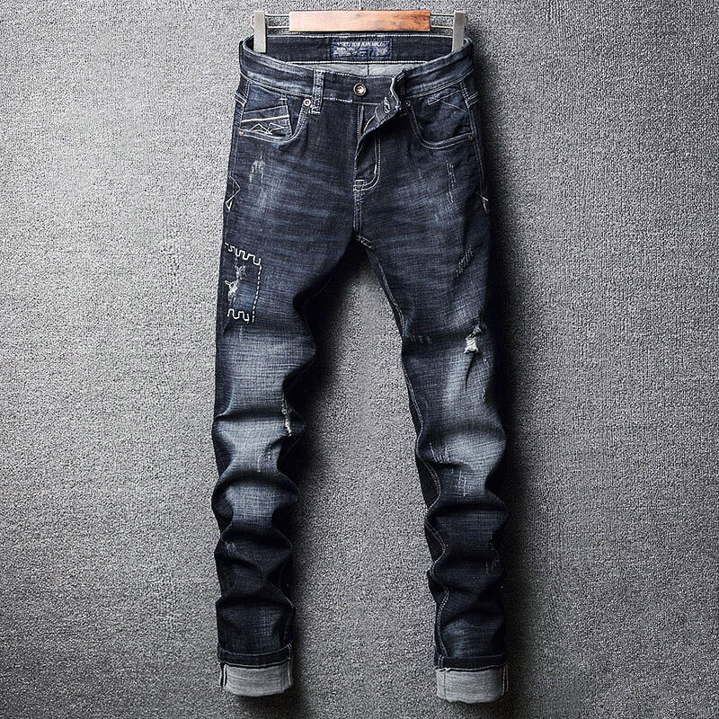Джинсы мужские зауженные рваные эластичные, модные дизайнерские брюки из денима, винтажные повседневные рваные джинсы в ретро стиле, черные синие