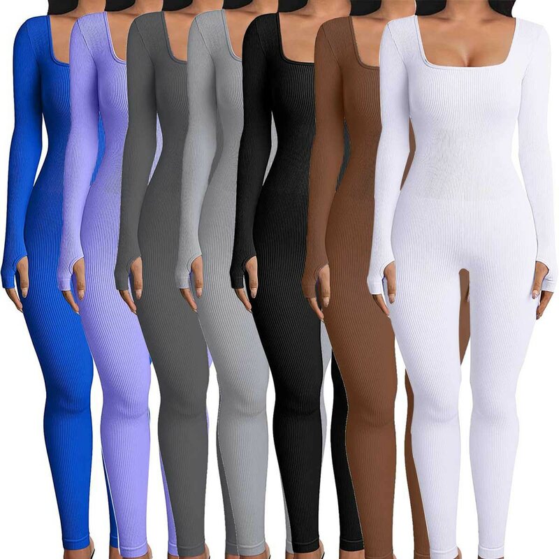 Women's Jumpsuit Autumn and Winter New Solid Color Skinny Pants Casual Elastic Threaded Square Neck Butt Lift Slim Sexy Jumpsuit