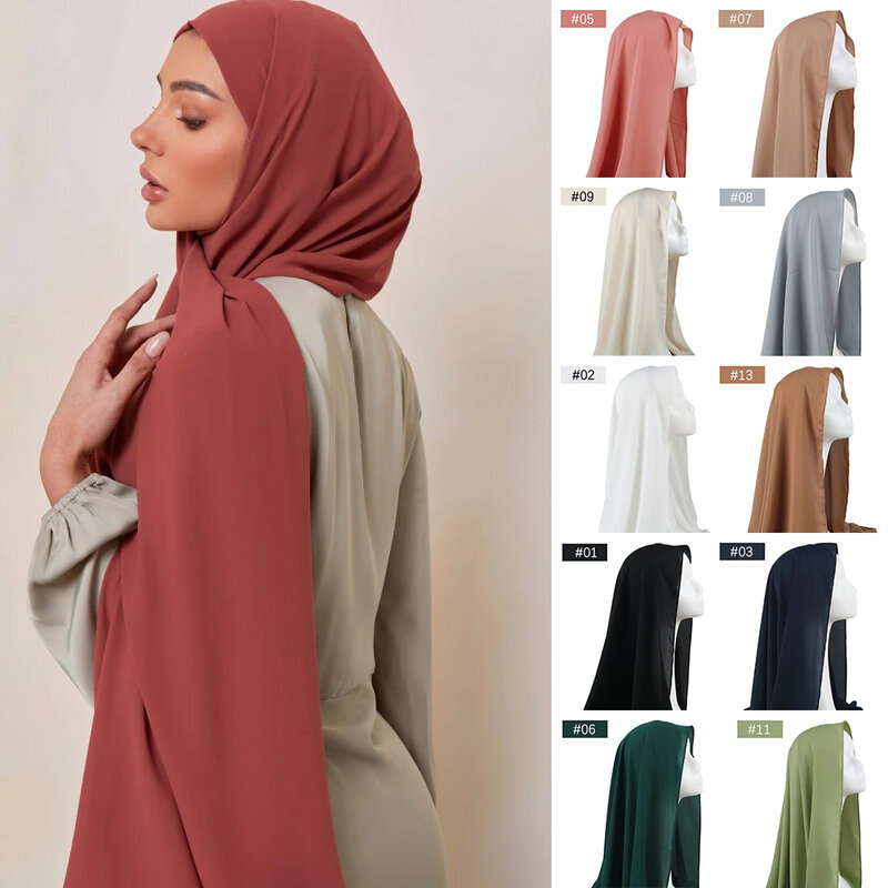 Hijab in CHIFFON di raso NON trasparente da donna musulmana colore solido solido hijab islamico foulard testa avvolge turbante