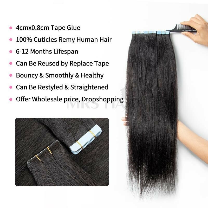 Light Yaki Invisible Tape in Hair Extensions Human Hair Kinky Straight Tape Ins Remy Weft Seamless Injected Tape on Hair 20pcs