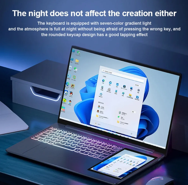 TOPOSH nowy 15.6 "+ 7" dotykowy podwójny ekran Laptop Intel N100 4 Core 16GB DDR4 RGB podświetlana klawiatura PC dla graczy Notebook