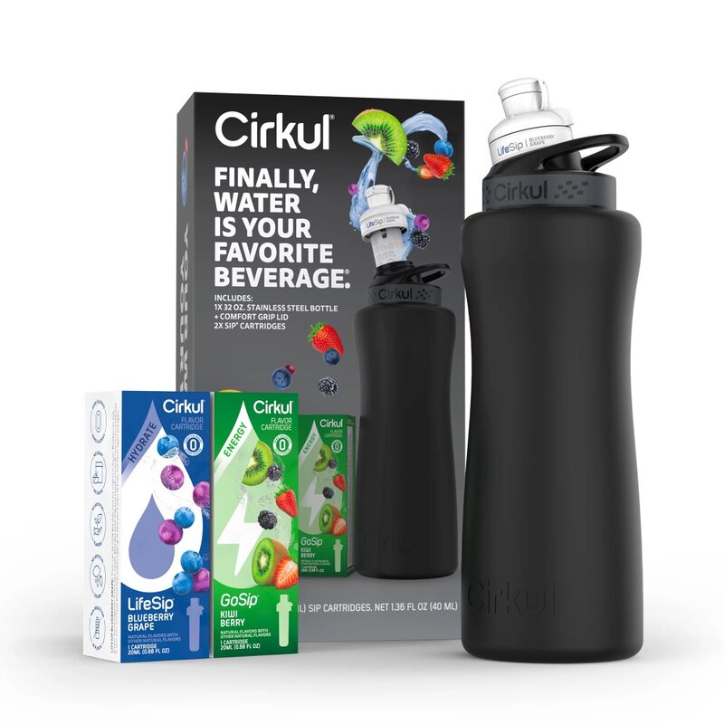 Oz Matte black stainless steel water Bottle Starter Kit with black lid and 2 flavor boxes (blueberry grapes and kiwi berries)