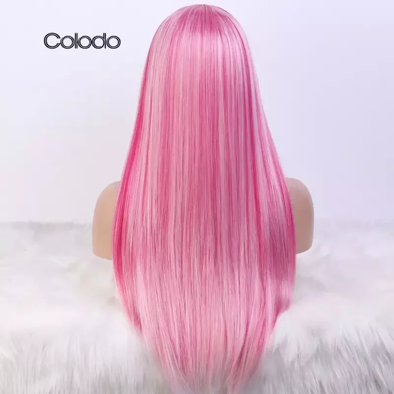 Coloo Wig sintetis renda depan wanita, Wig Cosplay renda depan lurus halus merah muda untuk wanita tahan panas tanpa lem