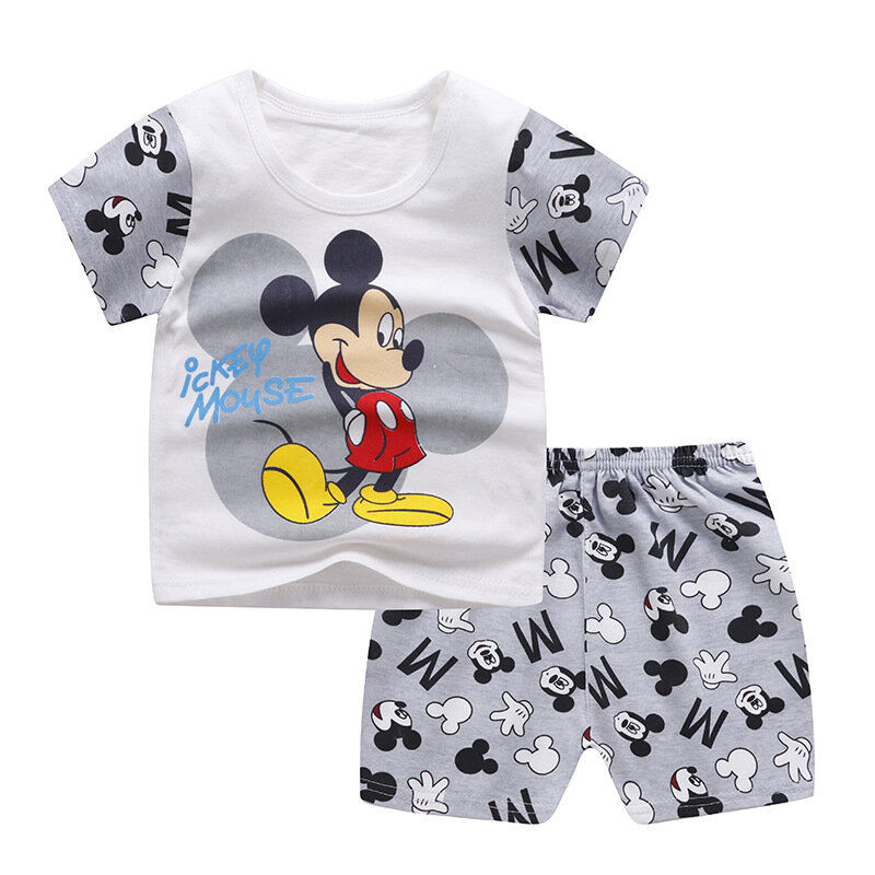 Conjunto infantil de camiseta e shorts mickey, terno manga curta, roupas de verão para bebês meninas e meninos, roupas disney de 1 a 4 anos, 2 peças por conjunto