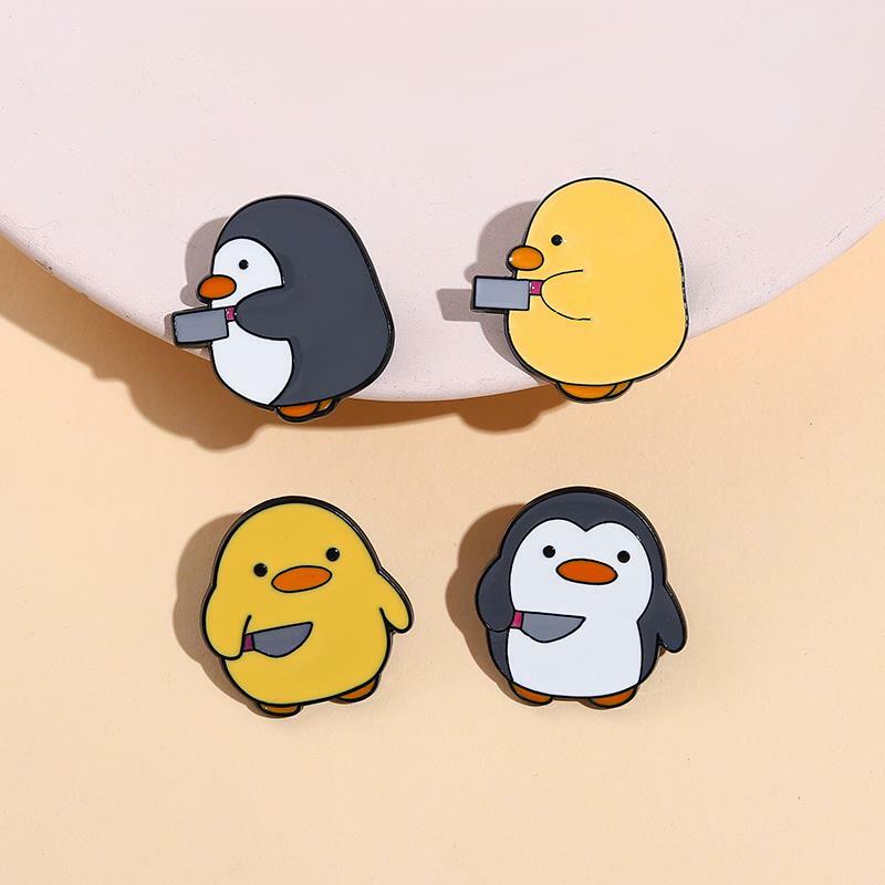 Pins Chick Little Penguin Dagger Knife Brooches Lapel Badges Cartoon Fun Animal Jewelry Gift for Kids Friend Cutie Killer Enamel