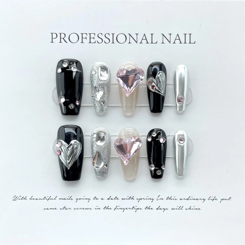 Black Pink Handmade Nails Press on Full Cover Manicuree Big Heart Diamond False Nails Wearable Artificial With Tool Kit