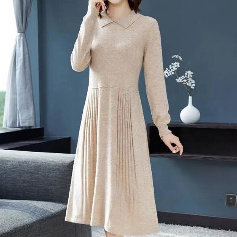 ผ้าฝ้ายความยืดหยุ่นความนิยมคอปกเสื้อ Slim Office Lady Dresses สง่างามสีทึบฤดูใบไม้ร่วงฤดูหนาวเสื้อผ้าผู้หญิง