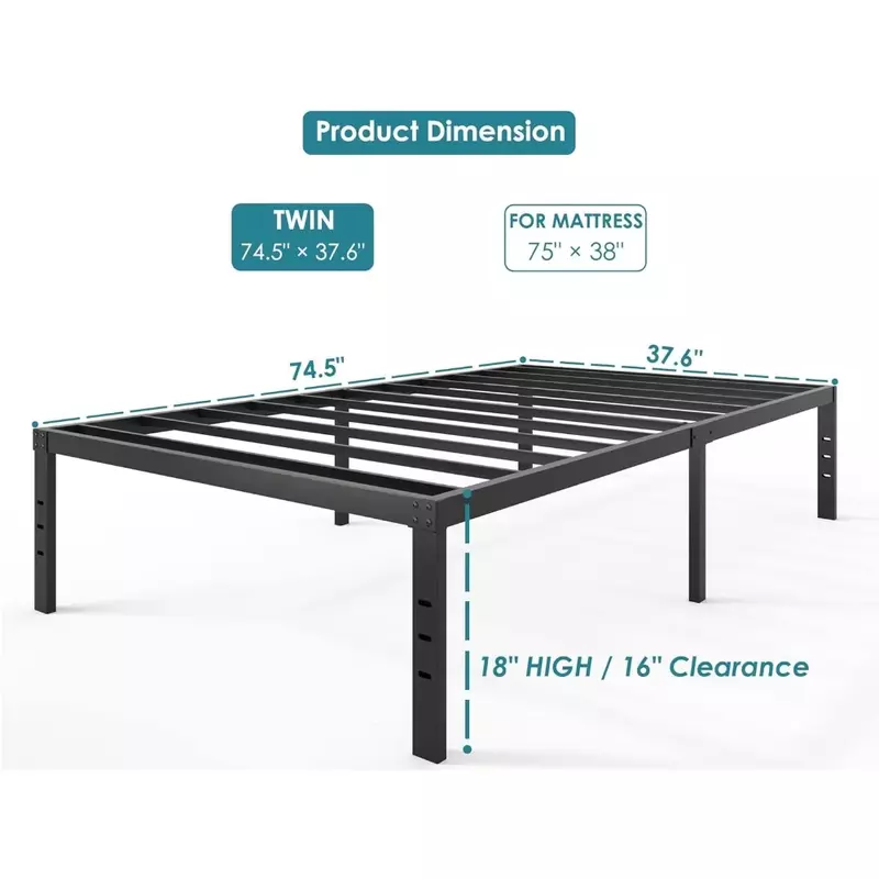 18 Inch Metal Bed Frame, Twin Bed Frame, No Springs Required , Easy To Assemble Reinforced Steel Slats Support, Noiseless Black