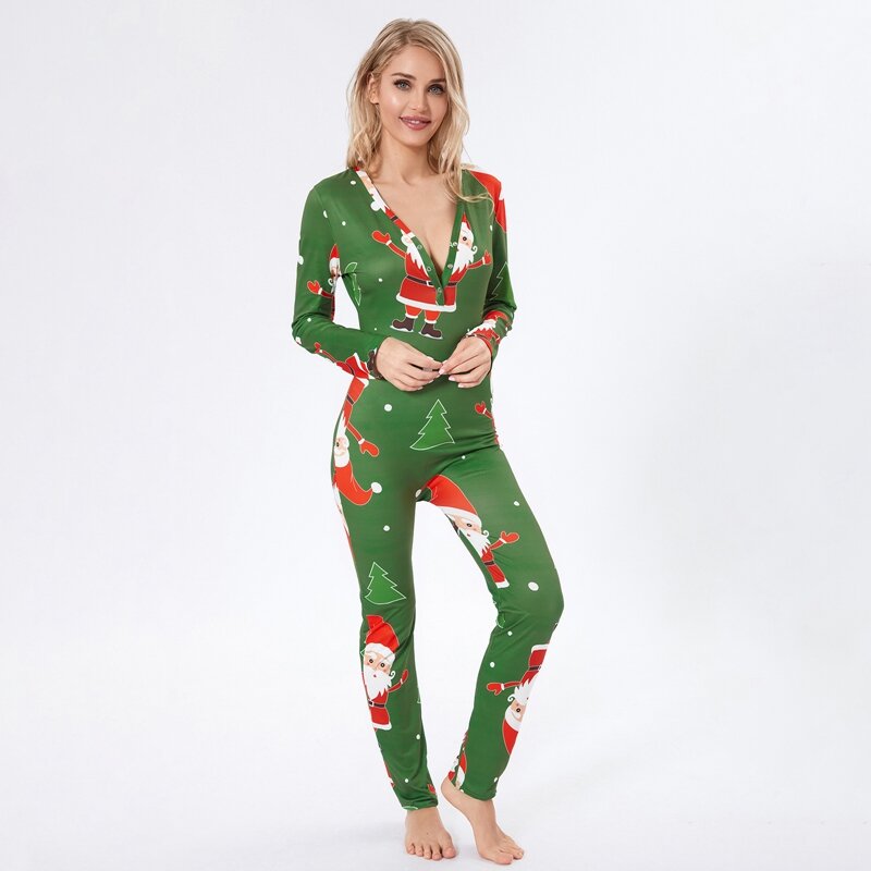 Pijama navideño de manga larga con cuello en V para mujer, mono ajustado con estampado navideño para padre, ropa de dormir femenina, novedad de 2023
