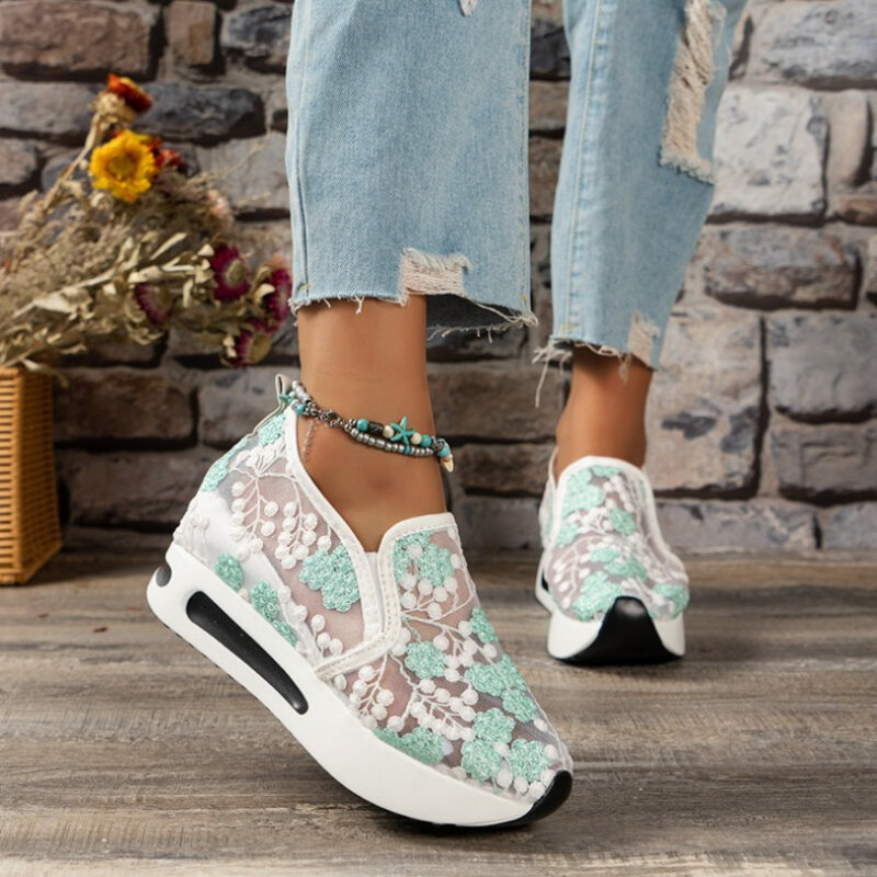 Single Shoe Women's 2024 Spring/Summer New Lace Mesh Casual Set with Elevated Cake Sole for Women's Single Shoes