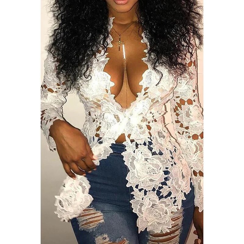 Plus Size White Guipure Long Sleeves Lace Blouse