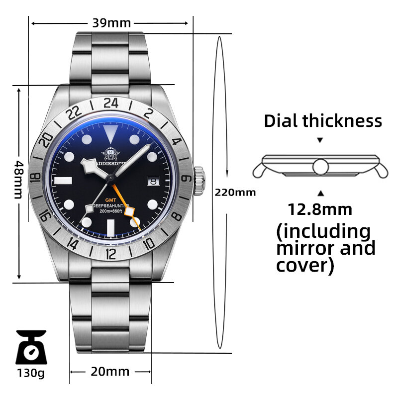 ADDIESDIVE 남성용 럭셔리 시계, BGW9 야광 20Bar 방수 버블 미러 유리, 클래식 쿼츠 GMT 시계, AD2035