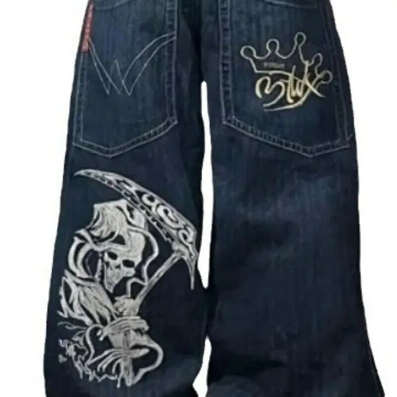 Корейские модные уличные джинсы Deeptown Y2K в стиле хип-хоп, Женские винтажные джинсовые брюки в стиле Харадзюку с принтом Goth Death и широкими штанинами