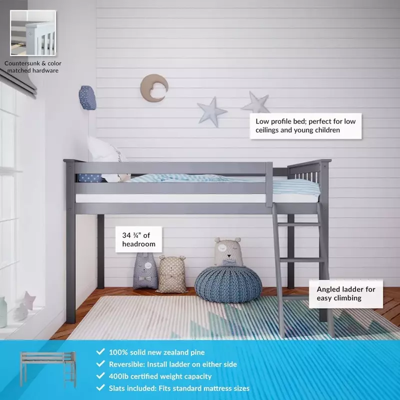 Children's Bed Frame, Low Loft, Twin for Kids, Children's Bed Frame