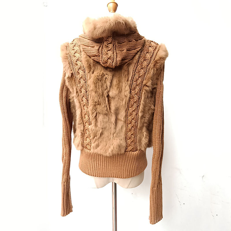 Women Winter Real Rabbit Fur Coat With Hood Long Sleeve Fashion Warm Female Hooded Genuine Rabbit Fur Jacket Outwear