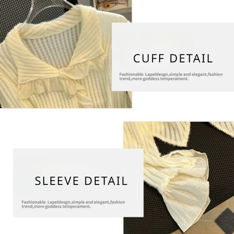Long Sleeve Blouses Women Casual Knitted Stylish Solid Soft V-neck Lace Ruffles Sweet Elegant Preppy Korean Style Trendy Ulzzang