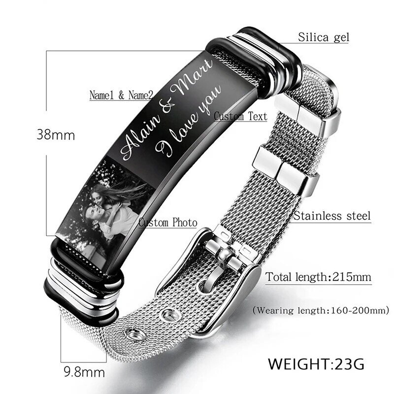 Personalized Stainless Steel Men's Bracelet Engravable Picture Text Customized Photo Words Can Be Custom Family Friends photos