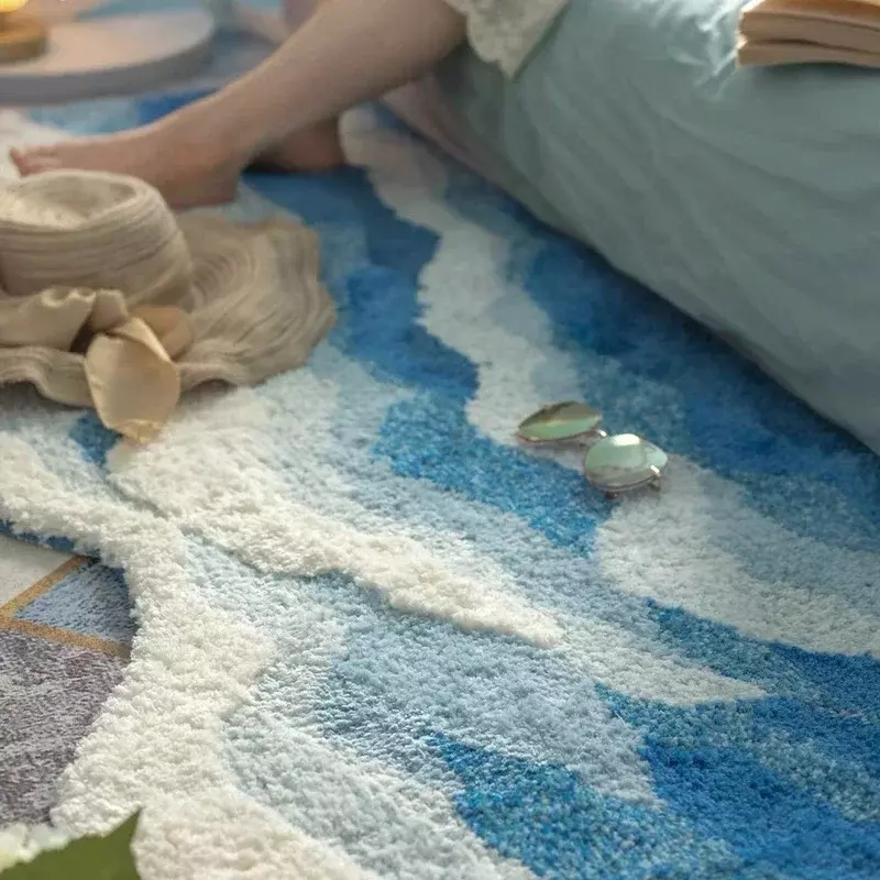 Волнистый ковер в эстетике, высококачественный Противоскользящий ковер из флока для ванной, синий морской ворсовый ковер, украшение для дома, прикроватный ковер для детской комнаты