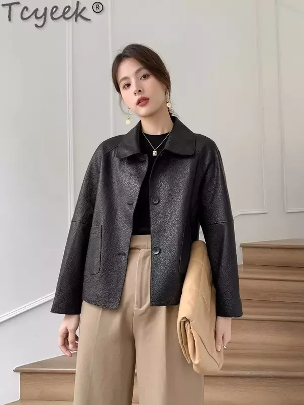 Abrigo de piel de oveja auténtica para mujer, chaqueta informal de un solo pecho, a la moda, novedad de primavera 2023
