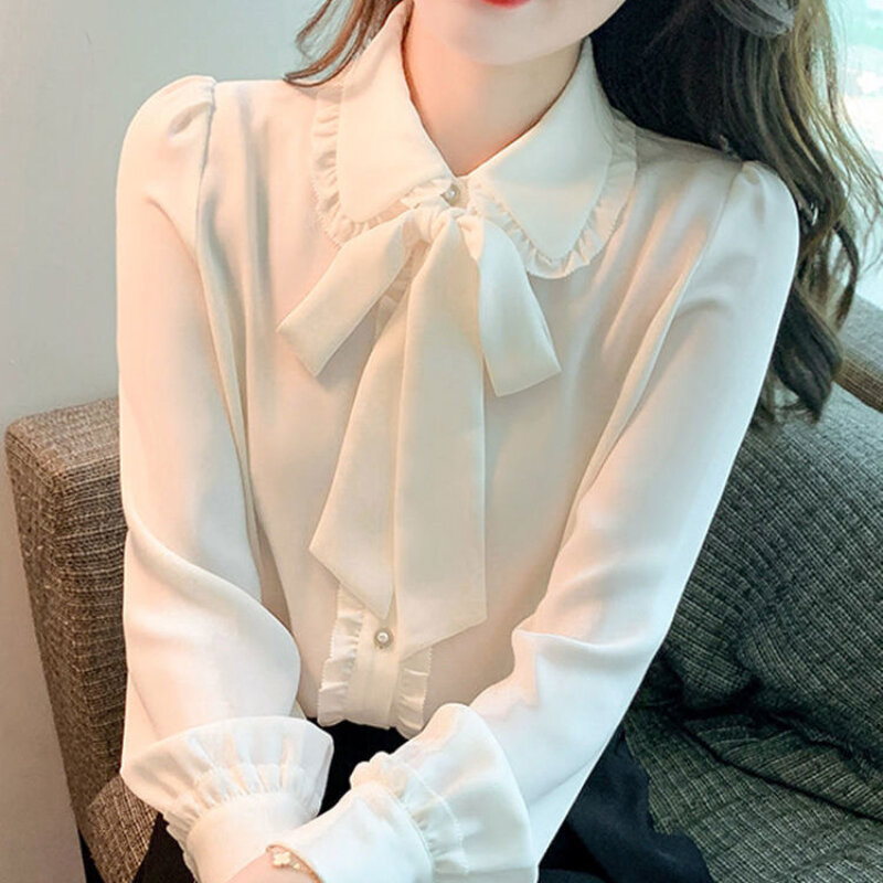 Camisa blanca de gasa con pajarita para mujer, blusa de moda Coreana de encaje, camisa de manga larga elegante para mujer, ropa informal 2022