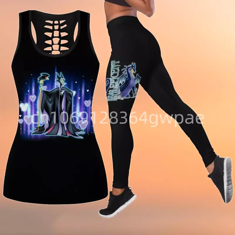 Maleficent Villains Women Book Hollow Vest + Women Leggings Yoga Suit Fitness Leggings Sports Suit Disney Tank Top Leggings Set