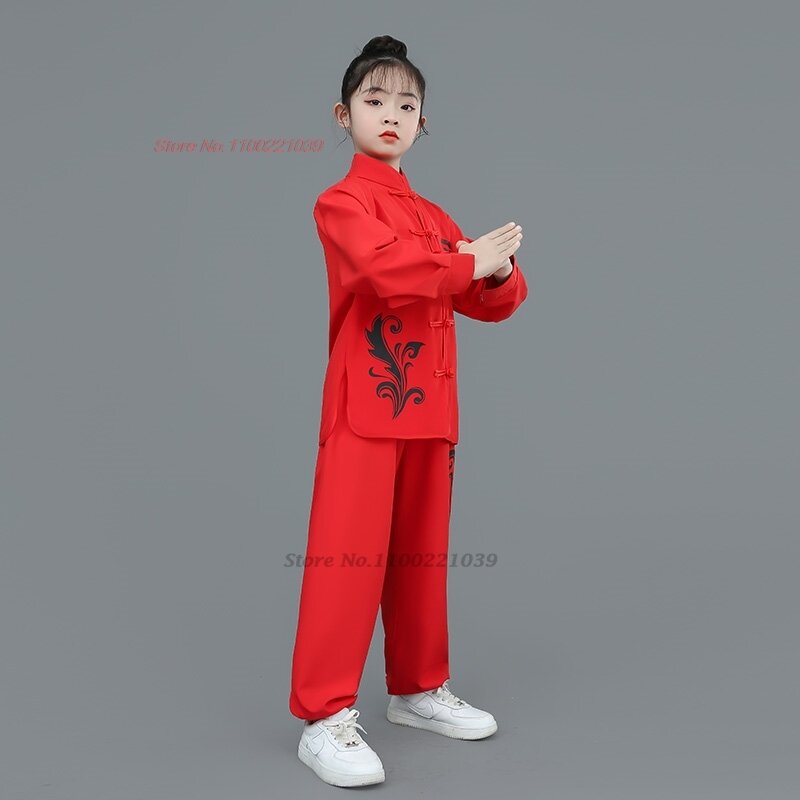 2024 chinesische Kinder Wushu Kung Fu Kleidung Kampfkunst Anzug Kung Fu Flügel Chun Shaolin Blumen druck Kung Fu Trainings übung