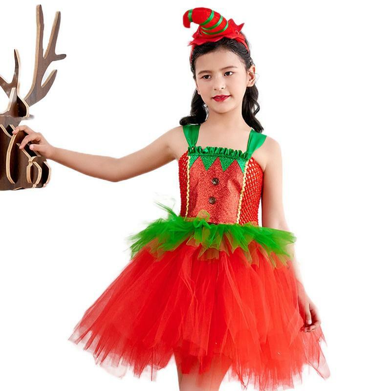 Meninas de Natal Tutu Vestidos Elf Vermelho Sem Mangas Tutu Dress Up Festa Princesa Natal Outfits Com Headband Para 2 A 12 Anos