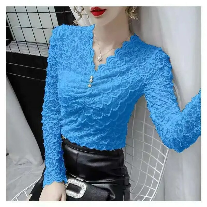 Spring and Autumn New Lace V-neck Mesh Female Pullover Long Sleeve Top