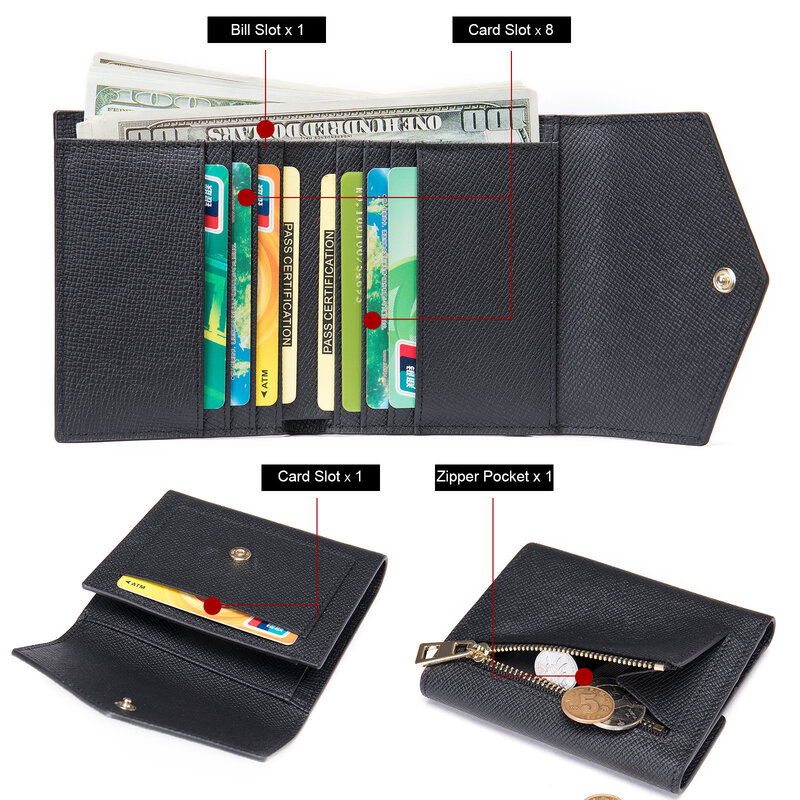 Dompet pendek kulit asli wanita dompet amplop kulit Saffiano dompet wanita lipat tiga tempat kartu saku koin
