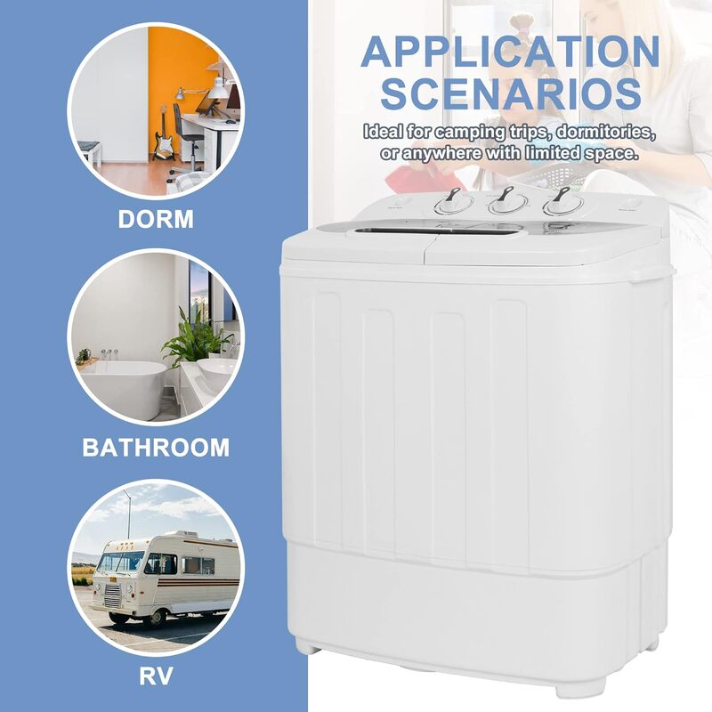 Compact Mini Twin Tub Washing Machine 13lbs Capacity Portable Washer Wash and Spin Cycle Combo, Built-in Gravity Drain