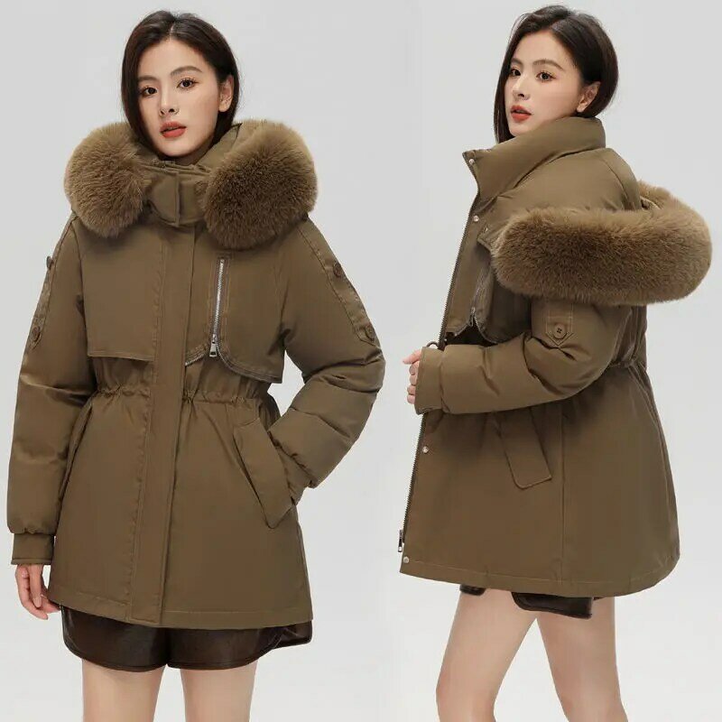 Mantel empuk katun wanita Korea, mantel panjang Medium longgar dengan kerah bulu besar Musim Dingin 2023