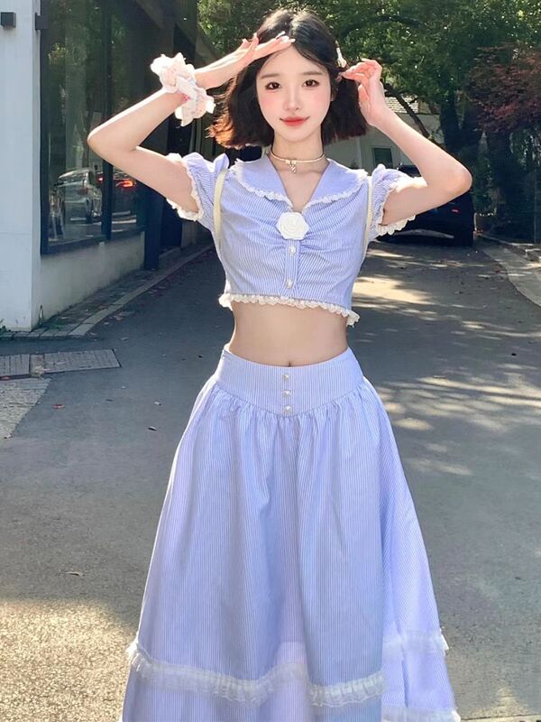Korea Blue Striped Sweet Two Piece Set Women Lace France Elegant Long Skirts Suit Female Puff Sleev Blouse + Party Skirt Summer