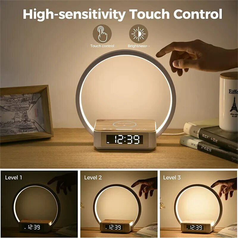 3 in 1 Wireless Charging Bedside Lamp Touch Table Lamp With Alarm Clock Wake-Up Light Nightstand Reading Night Light for Bedroom