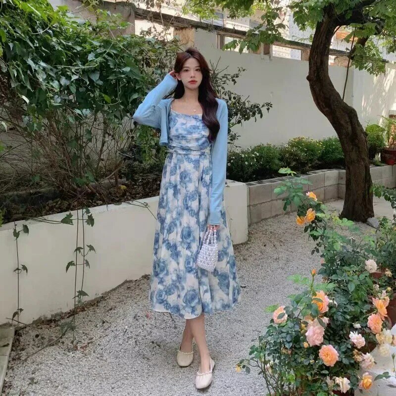 Sweet Dress Sets Women Printing Fairycore French Style Retro Daily Temperament Exquisite Aesthetic Youthful Slim Vintage Street