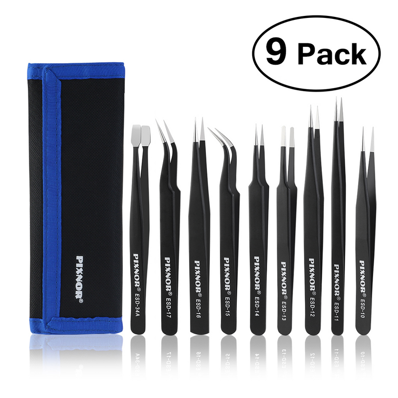 PIXNOR 9pcs Premium Anti-static ESD Stainless Steel Tweezers Set with Case for Electronics / Jewelry-making / Laboratory Work /