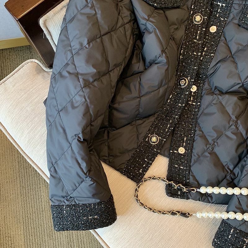 Jaqueta de algodão acolchoada leve para mulheres, parkas curtas pretas, charme vintage francês, estilo retrô, nova moda, inverno, 2023