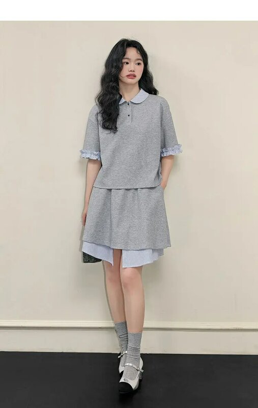 Корейская серая короткая юбка с коротким рукавом, женская элегантная летняя уличная одежда для колледжа в стиле Харадзюку, Популярная мода в Корейском стиле