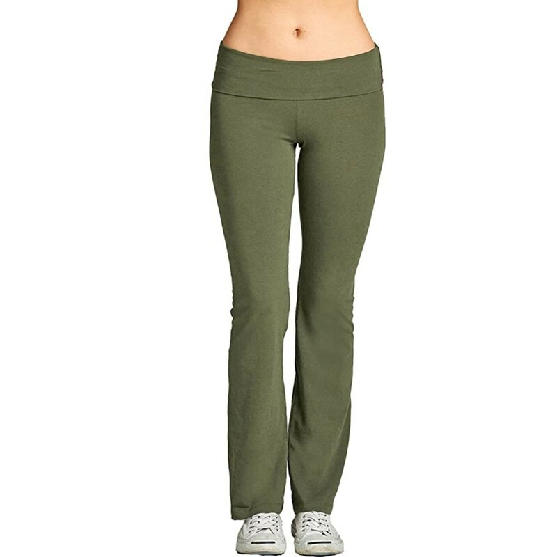 Calça flare feminina elástica na cintura média, calça longa de treino casual, calça leggings fashion, controle de barriga, 2023