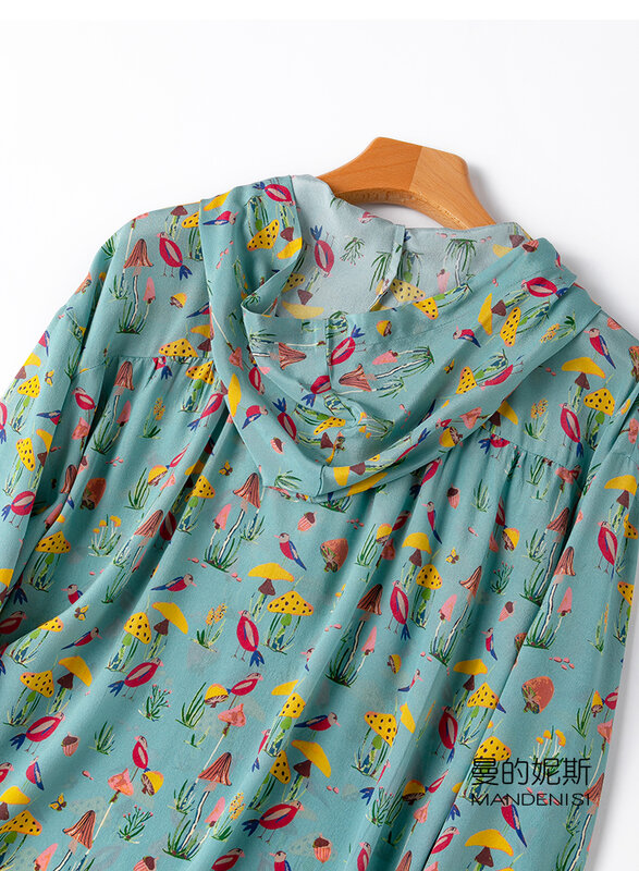 Tcyeek-blusa feminina solta de manga comprida, 100% seda amoreira, tops femininos com capuz, camisolas de primavera, tops estampados, 2024