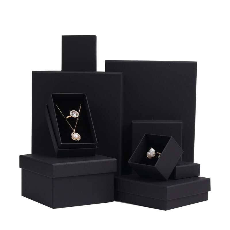 Paper Cardboard Jewelry Box Simple Black Jewelry Case Custom Logo Ring Necklace Watch Packaging Box