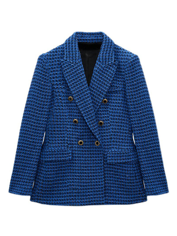 Women's Fashion Tweed Check Blazer Autumn and Winter New V-Lead Long Sleeve Button Pocket Blazer Blue Casual Office Suit