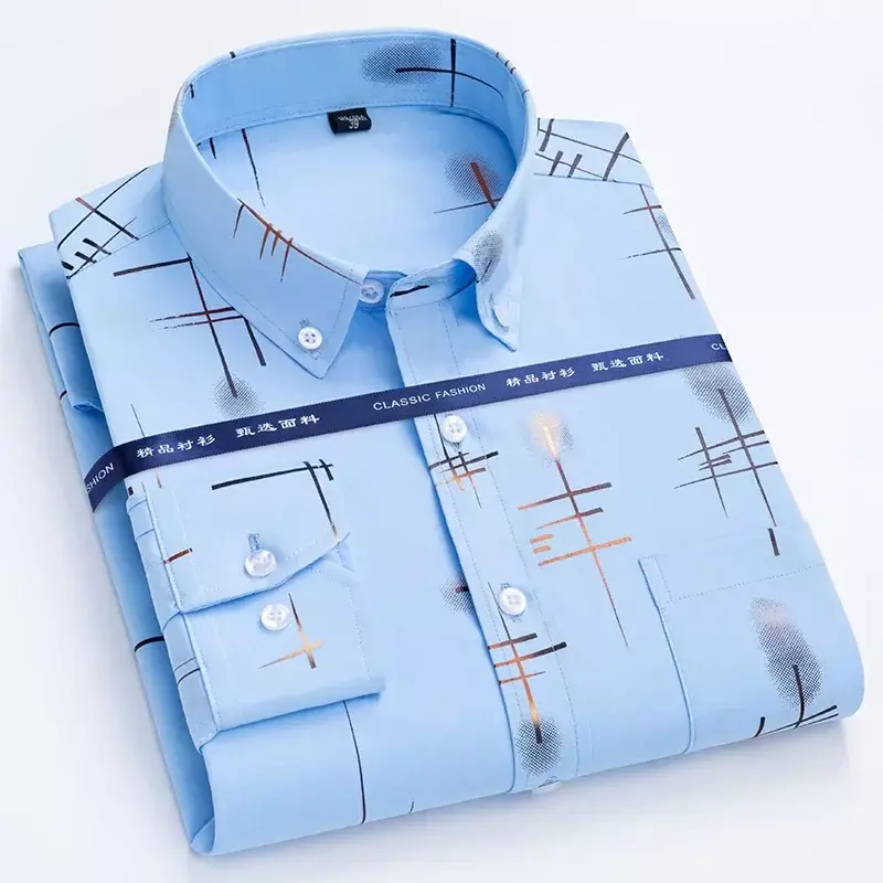 2024 Men's Dress Shirts Casual Print Thin Plaid Slim Fit Spring Autumn  Non-iron Anti-wrinkle Business  Chemise Homme