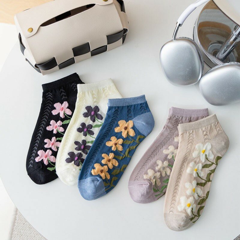 Женские хлопковые носки, новые весенне-летние универсальные модные носки-лодочки в стиле Харадзюку с тисненым цветочным рисунком рыбьей кости, I133