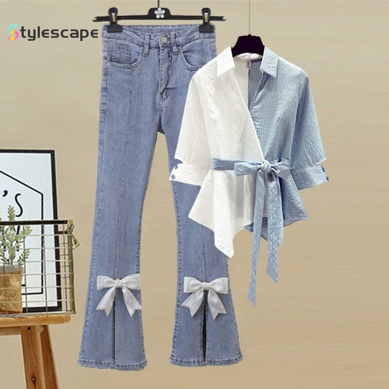 Женский летний комплект из двух предметов, рубашка и джинсы в полоску с бантом, большие размеры, 2024