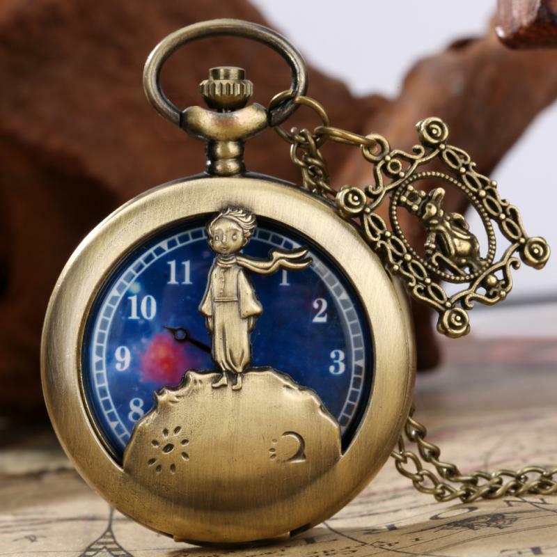 Звездное небо синий циферблат Бронзовый Маленький принц кварцевые карманные часы свитер цепь полые ожерелье кулон часы с кроликом аксессуар