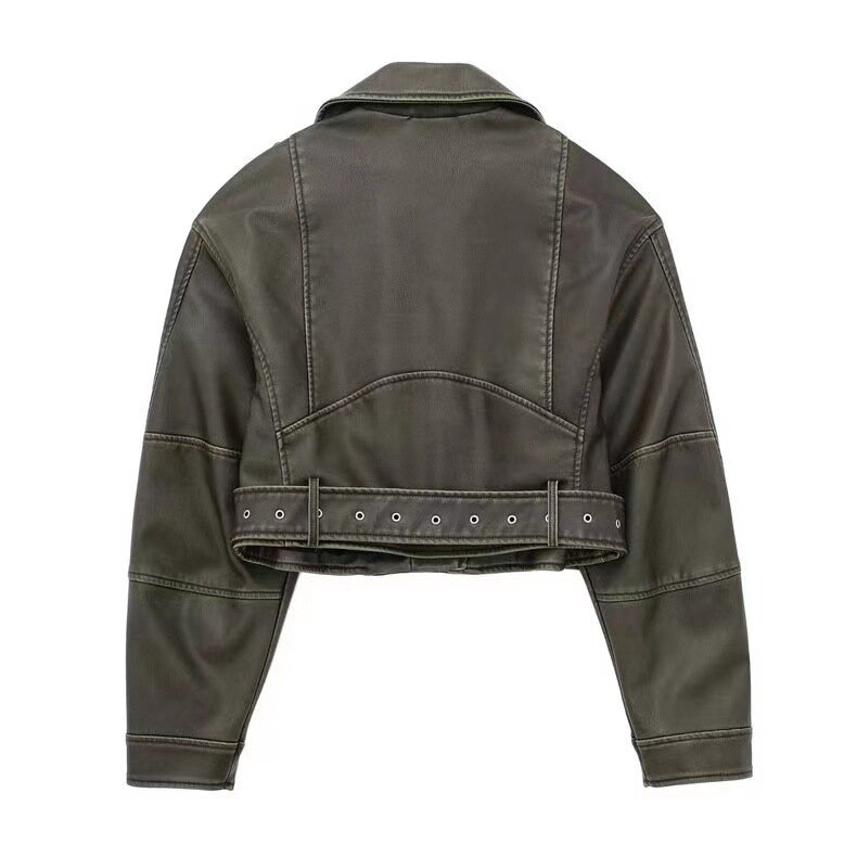VOLALO-chaqueta de cuero lavado con cinturón para mujer, abrigo corto con cremallera descendente y solapa vintage, 2024
